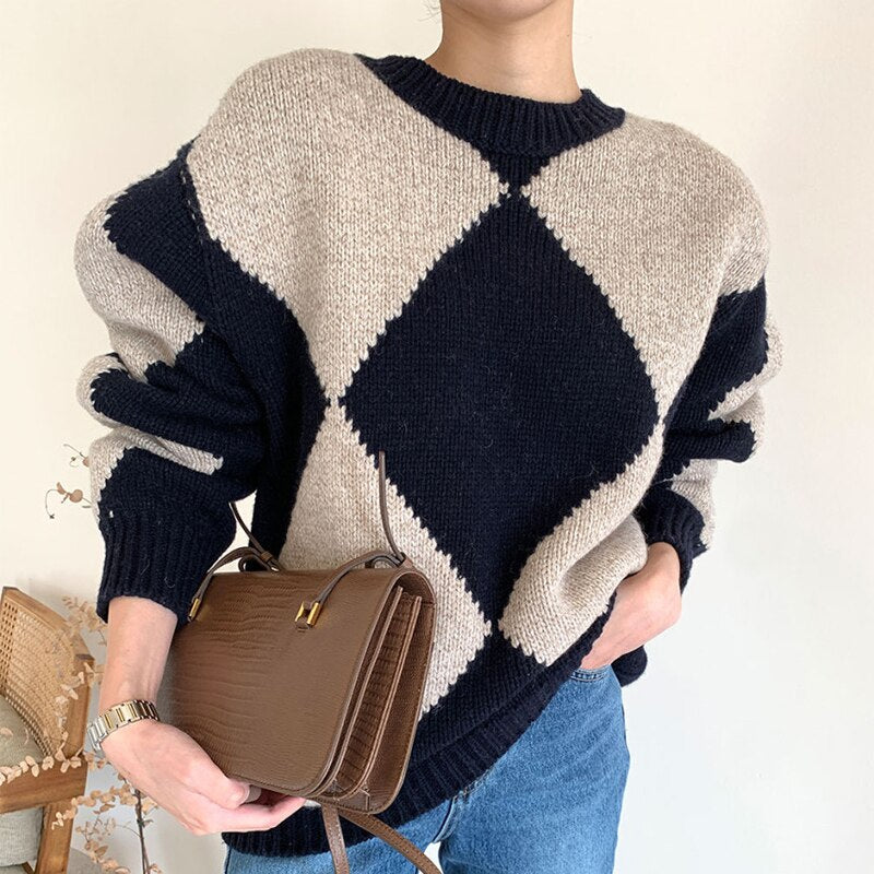 flowersverse Argyle Sweater Patchwork Pullovers Spring Women Clothing Vintage Knitted Fashion O-Neck Black Casual Long Sleeve