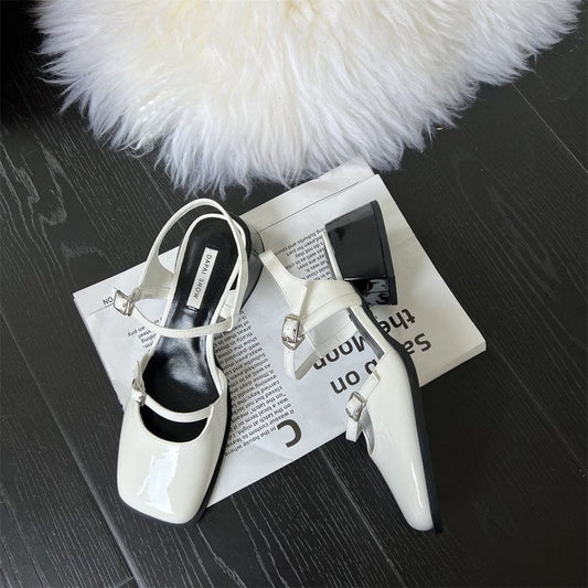 flowersverse Vintage Women's Red Sandals Summer Square Toe Shoes Women's Buckle Solid Color Newest Wedding Party High Heels Women's