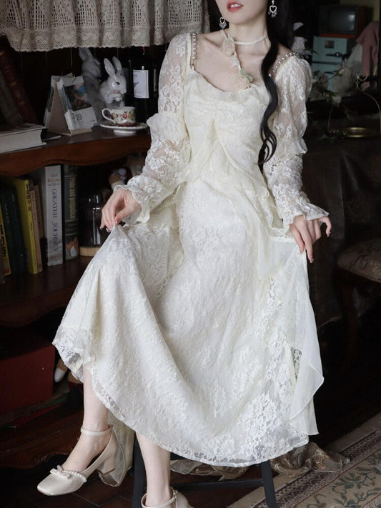 flowersverse Autumn Vintage Lace Fairy Dress Women Solid Floral Party Midi Dress Female Korean Fashion Designer Elegant Slim Dress New