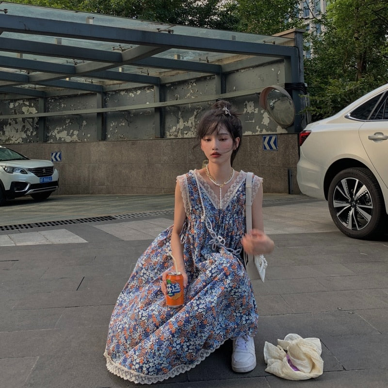 flowersverse Autumn Sweet Elegant Floral Dress Women Korean Fashion Vintage Evening Party Midi Dresses Print Retro Suspender Dress