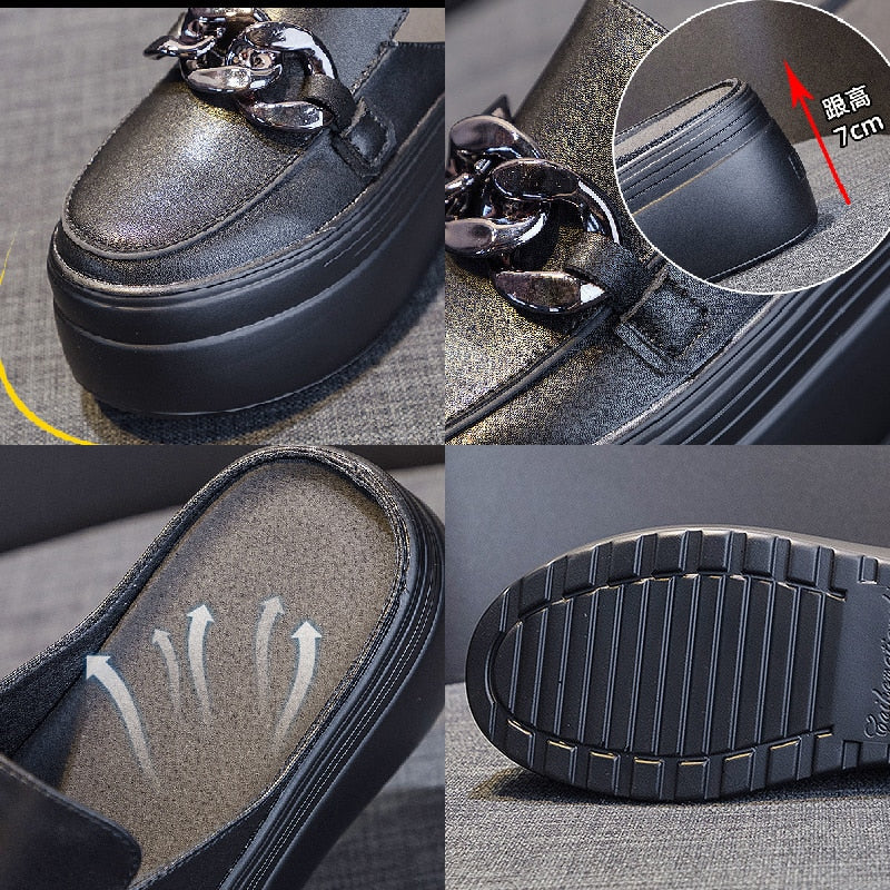 flowersverse 7Cm Genuine Leather Platform Shoes Wedge Slippers Chain Women Summer Shoes Genuine Leather Mules Sandals Slides For Women