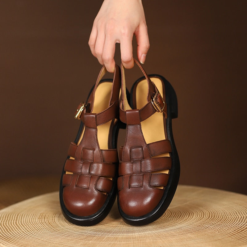 flowersverse new Women sandals natural leather 22-25.5cm Washed cowhide+pigskin full leather Vintage luxury Roman sandals women shoes