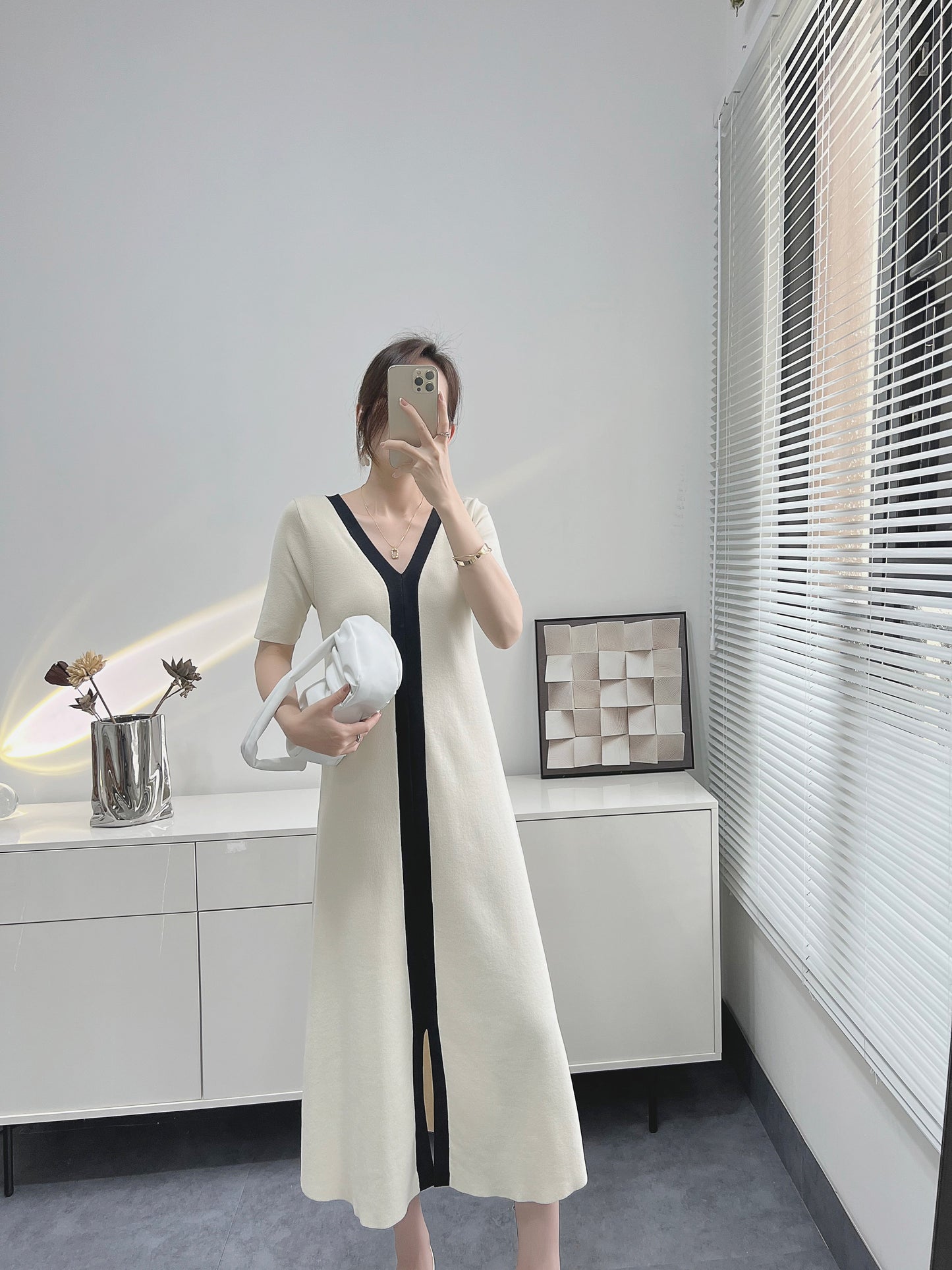 flowersverse Black White Casual Elegant Vintage Short Sleeve Long Dress Korean Fashion Style Knitted Slim Maxi Dresses For Women Summer