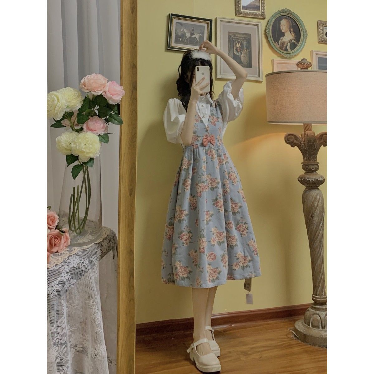 flowersverse Back to school outfit Women Fashion 2 Piece Set Sweet Lolita Style Floral Print Denim Long Dress French College White Short Sleeve Blouse