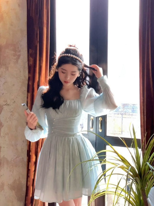 flowersverse Spring French Elegant Short Party Dress Pure Color Fairy Mini Dress Casual Long Sleeve Korean Fashion Dress Woman Design