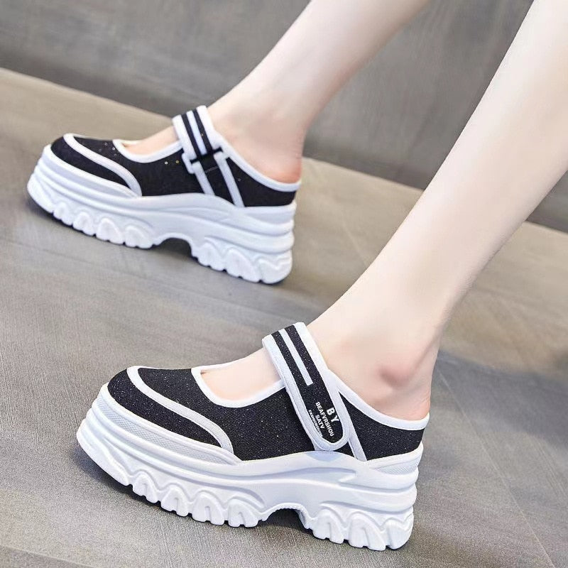 flowersverse 7.5Cm Glitter Platform Slippers Women Summer Shoes Wedge Sandals Hookloop Slides Shoes Sneakers Slip On Rhinestone