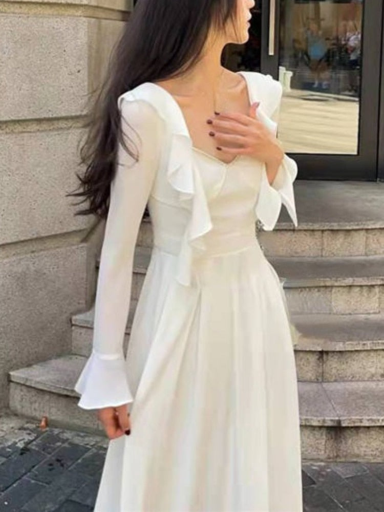flowersverse Back to school outfit Summer Long Sleeve Pure Color Dress Woman Casual Elegant Midi Dress Vintage Korean Fashion Evening Party Dress Design Slim
