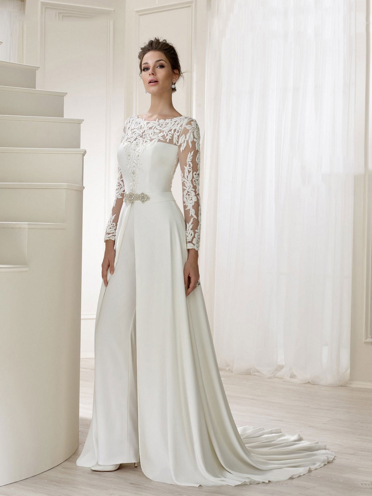 flowersverse Elegant Women's Evening Dress Lace Embroidered One-Piece Trouser Skirt With Cloak Solid Dress