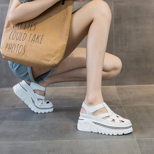 flowersverse 6Cm Genuine Leather Women Platform Sandals Wedge Slides Hook Look Women Summer Shoes Slides Slippers Elegant White Shoes
