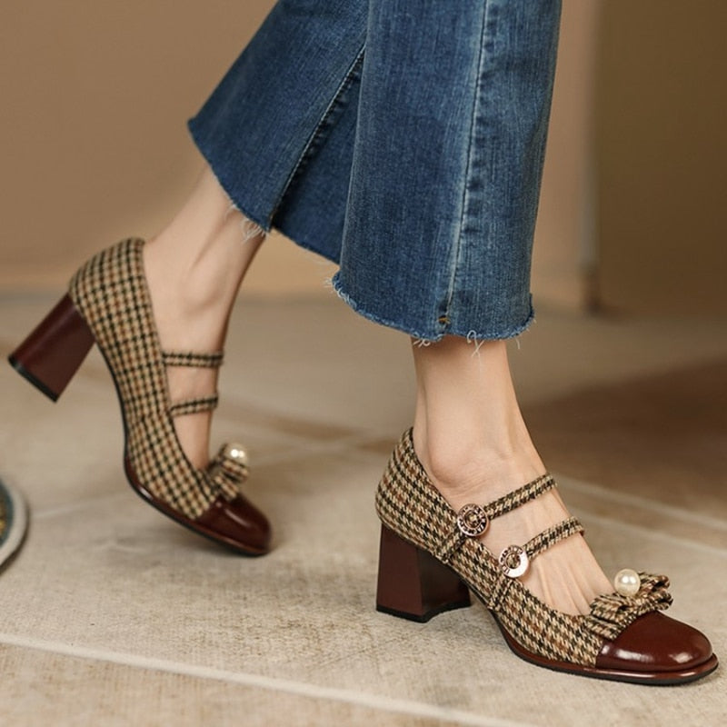 flowersverse Spring/Autumn Women's Shoes Round Toe Chunky Heel Pumps Cotton Fabric Lattice High Heels Genuine Leather Retro Mary Janes