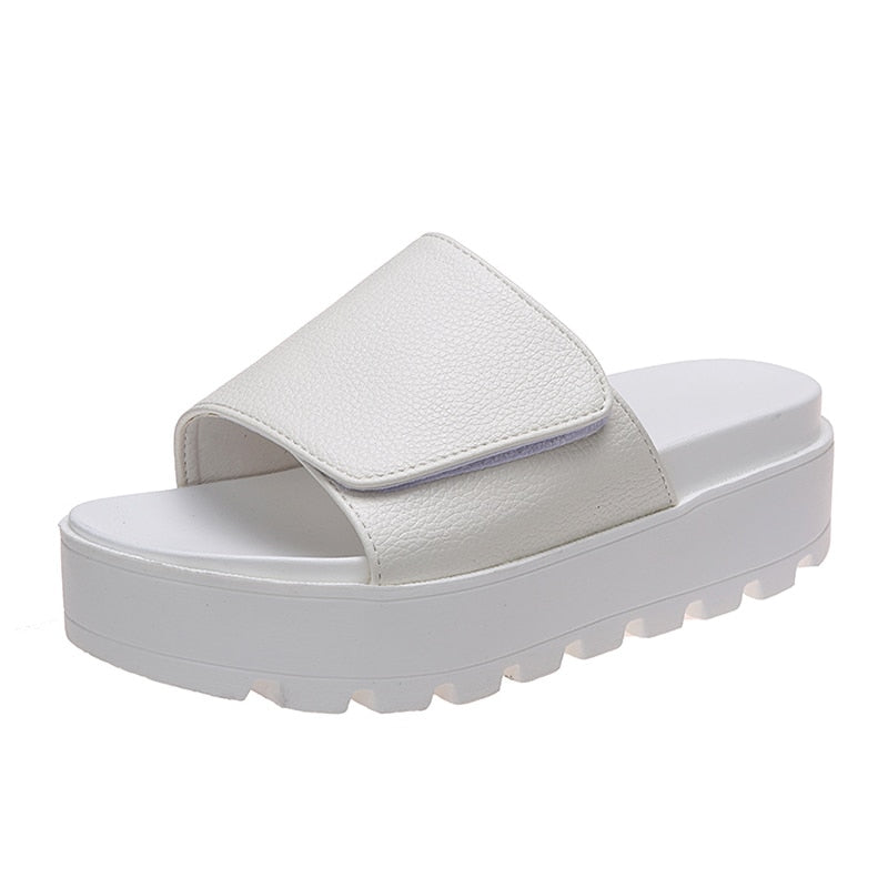 flowersverse Black PU Leather Platform Slippers Women Plus Size 43 Thick Soled Sandals Woman Summer Non-slip Slides Shoes Female