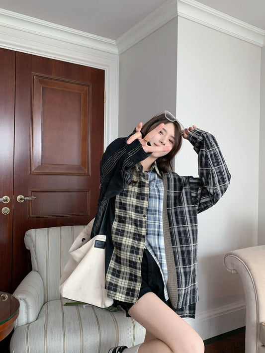 flowersverse Black Friday Sales Vintage Patchwork Harajuku Oversized Shirt Men And Women Street Long Sleeve Lapel Autumn Blouse Casual Chic Button Plaid Shirt