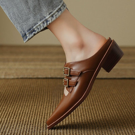 flowersverse Summer Women Slippers Split Leather Shoes for Women Covered Toe Chunky Heel Mules Slingback Women Sandals Elegent Handmade Shoes