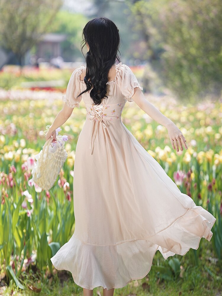 flowersverse Back to school Summer Vintage Cottage Style Woman Dress Mori Girl Embroidery Floral Petal Sleeve Bandage Retro Princess Dresses Vestido Festa