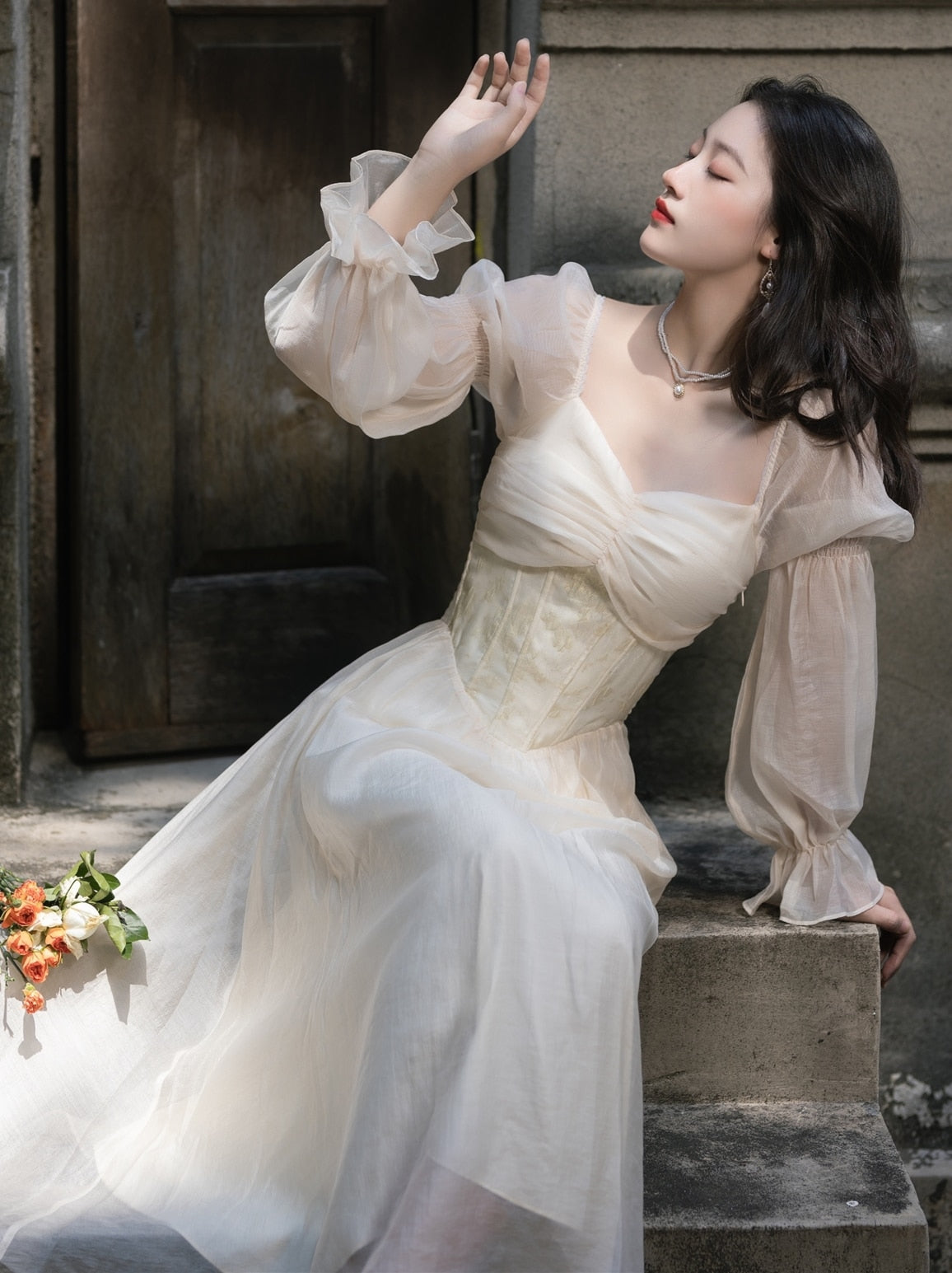 flowersverse Back to school Vintage Chic Woman Fairy Dress Romantic Retro French Style Jacquard Floral Flare Sleeve Royal Princess Dresses Vestido Festa