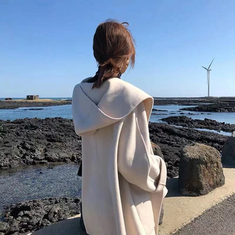 flowersverse Blends Women Solid Hooded Open Stitch Loose Gentle Design Basic All-Match Korean Style Fashion Ins Mujer Casual Warm College New