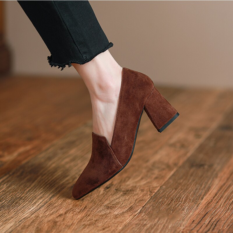Back to school spring Women's pumps Natural Leather 22-24.5cm Sheep suede upper pointed Thick high heels shoes for women 4/6/8cm heel