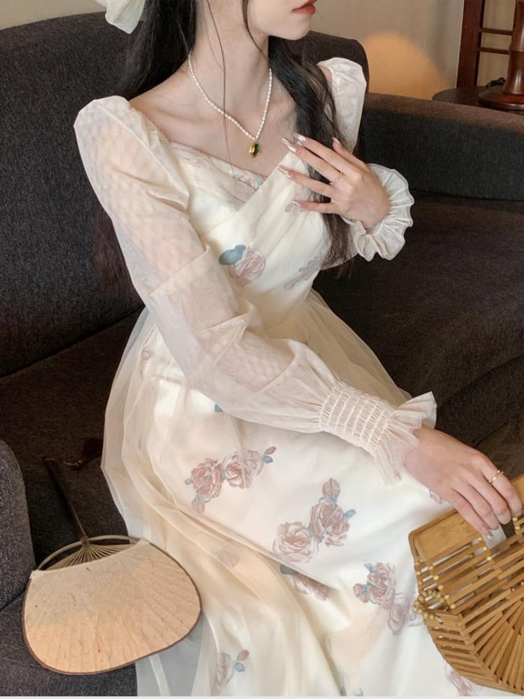 flowersverse Autumn Lace Floral Print Dress Women Casual Fairy Party Midi Dress Female Korean Fashion Patchwork Vintage Chic Dress New