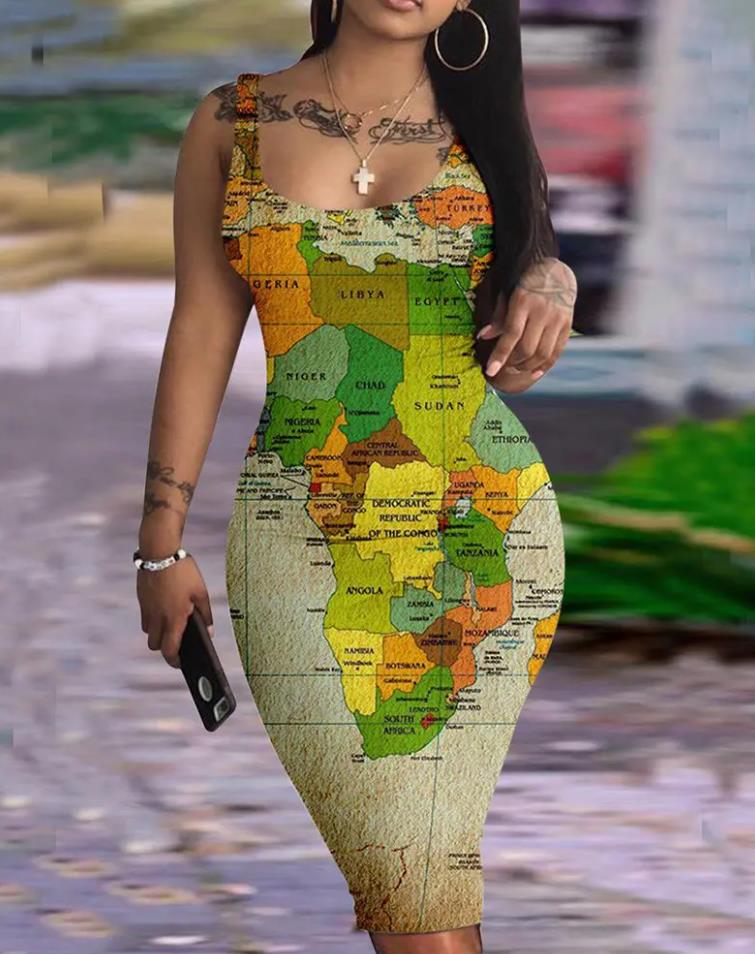 flowersverse Summer Dresses for Women Map Print Sleeveless U-Neck Bodycon Mini Daily Dress