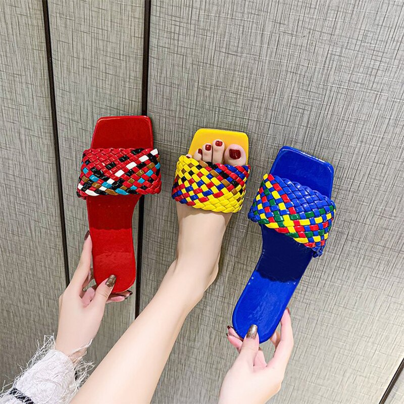 flowersverse New Fashion Weave Slippers Women Square Toe Flat Casual Shoes Women Slide Summer Flip Flops Beach Sandal Slipper Big Size42