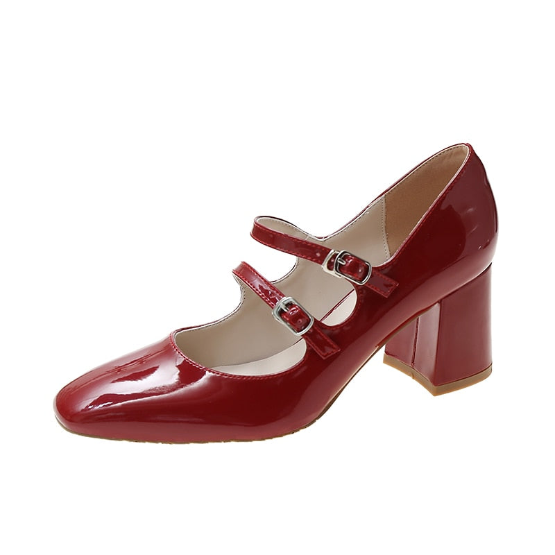 flowersverse Thick High Heels Mary Jane Shoes for Women Spring Fashion Double Buckle Strap Pumps Women Black Patent Leather Shoes