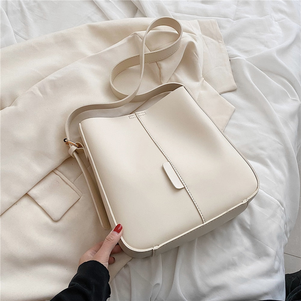 flowersverse Back to school Wide Strap Bucket Large Shoulder Bags For Women Trend Fashion Simple Solid Color Design Crossbody Ladies Handbags