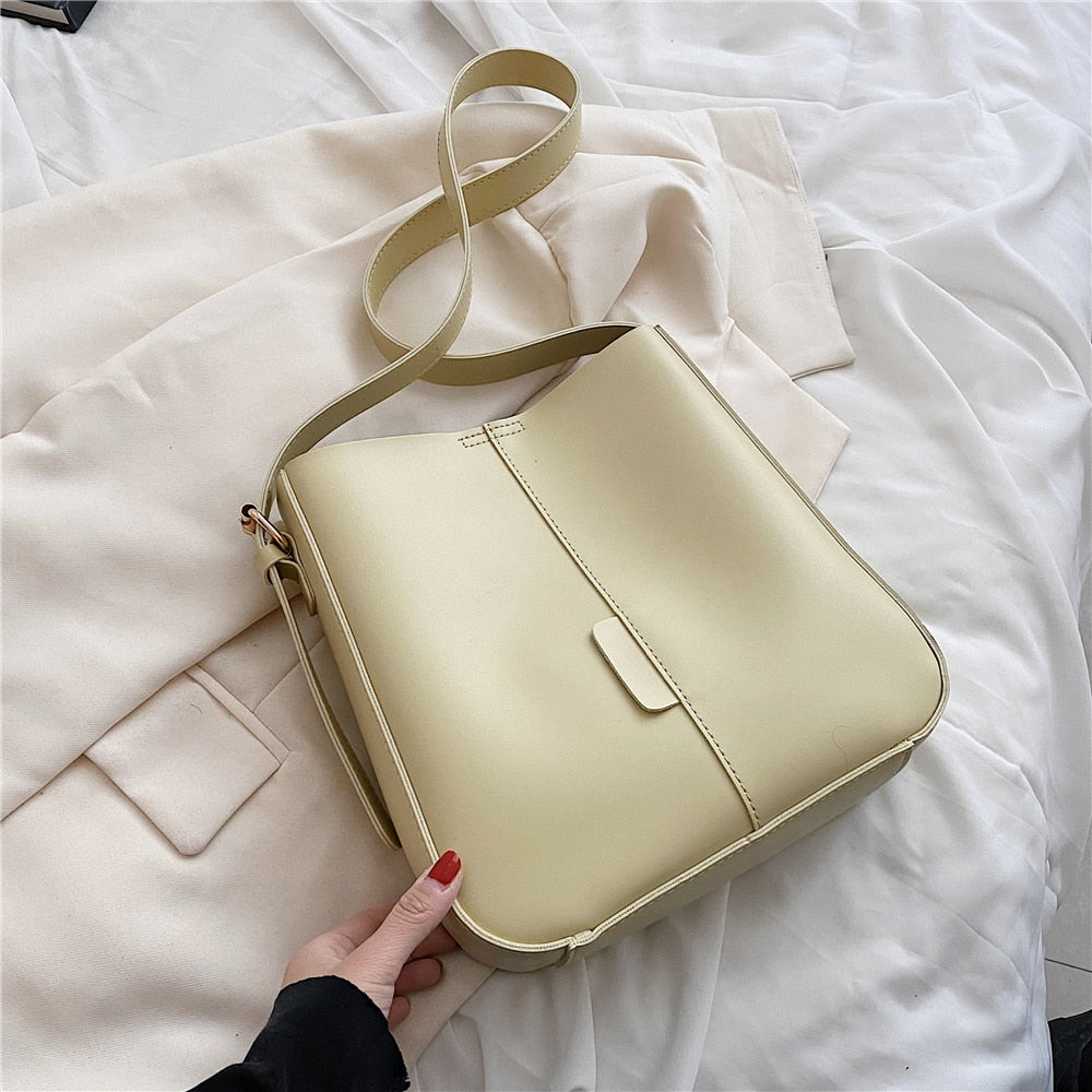 flowersverse Back to school Wide Strap Bucket Large Shoulder Bags For Women Trend Fashion Simple Solid Color Design Crossbody Ladies Handbags