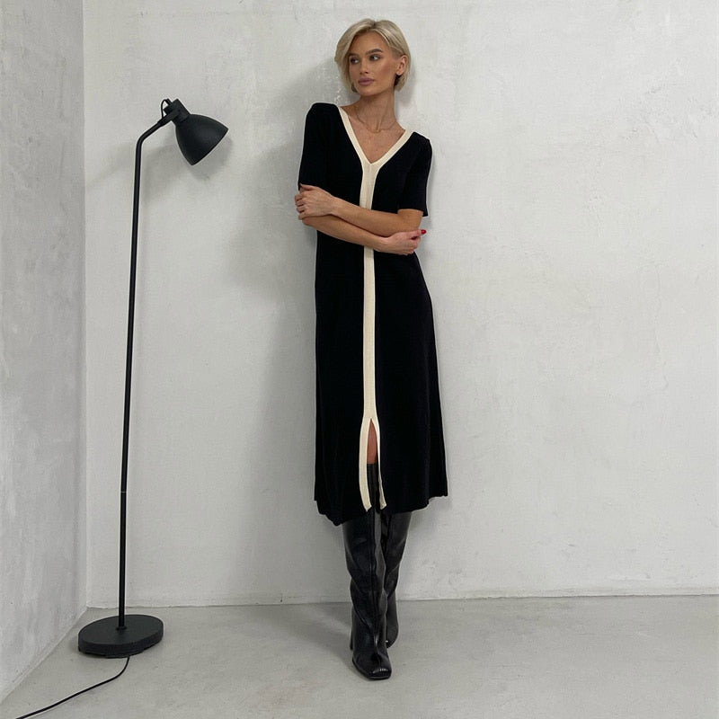 flowersverse Black White Casual Elegant Vintage Short Sleeve Long Dress Korean Fashion Style Knitted Slim Maxi Dresses For Women Summer