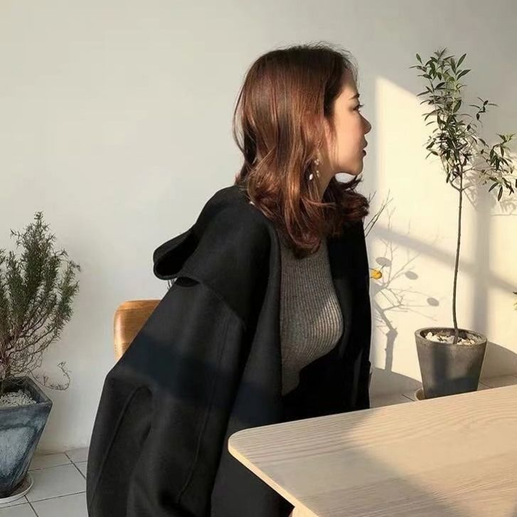 flowersverse Blends Women Solid Hooded Open Stitch Loose Gentle Design Basic All-Match Korean Style Fashion Ins Mujer Casual Warm College New