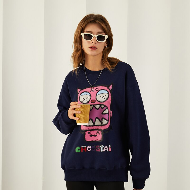flowersverse Black White Cute Demon Harajuku Sweatshirt Korean Style Streetwear Vintage Oversize Fleece Winter Warm Crewneck Sweatshirt Women