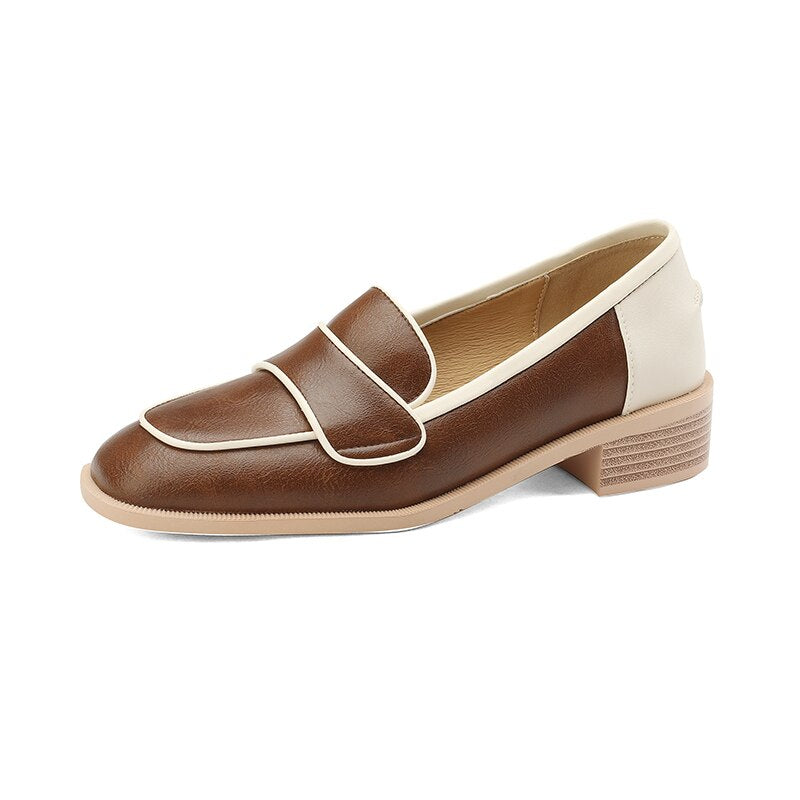 flowersverse new Spring women pumps natural leather 22-25cm cowhide+sheepskin square toe loafers mixed colors thick heels womens shoes