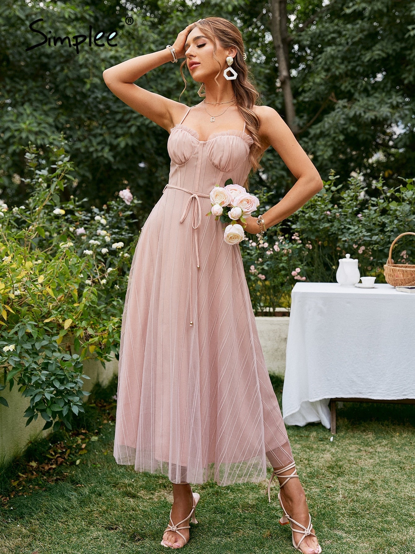 Graduation Gift Big Sale Spaghetti strap elegant even tulle corset women party dress Backless lace up ruffle mesh dresses high waist vestido