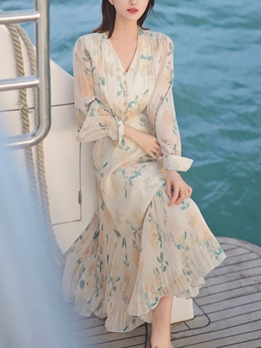 flowersverse Back to school outfit Summer Chiffon Beach Elegant Midi Dress Woman Vintage Evening Party Dress Casual Long Sleeve One Piece Dress Korean Chic