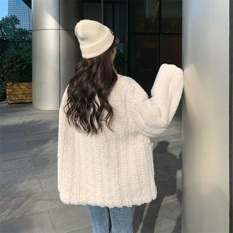 flowersverse Basic Jackets Women Solid Simple Trendy Teens Loose Winter Cozy Chic Casual College Young Ladies Korean Style All-Match Leisure