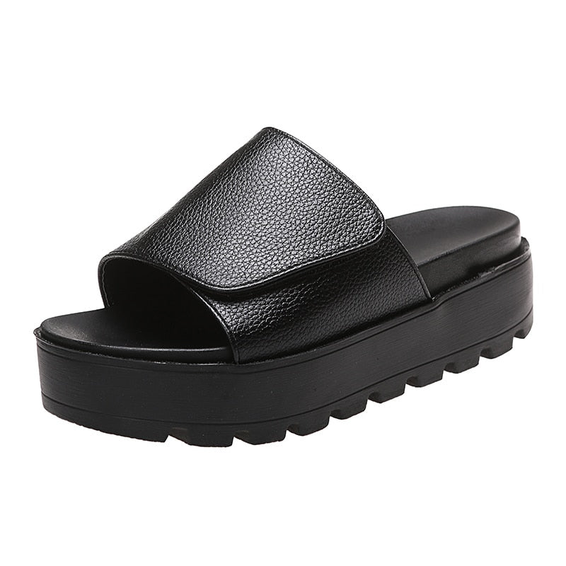 flowersverse Black PU Leather Platform Slippers Women Plus Size 43 Thick Soled Sandals Woman Summer Non-slip Slides Shoes Female