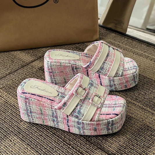 flowersverse-Square Head Platform Slippers Belt Buckles Corduroy Open-toe Women Sandals Summer New Designer Shoes Fashion Wedge Sandals