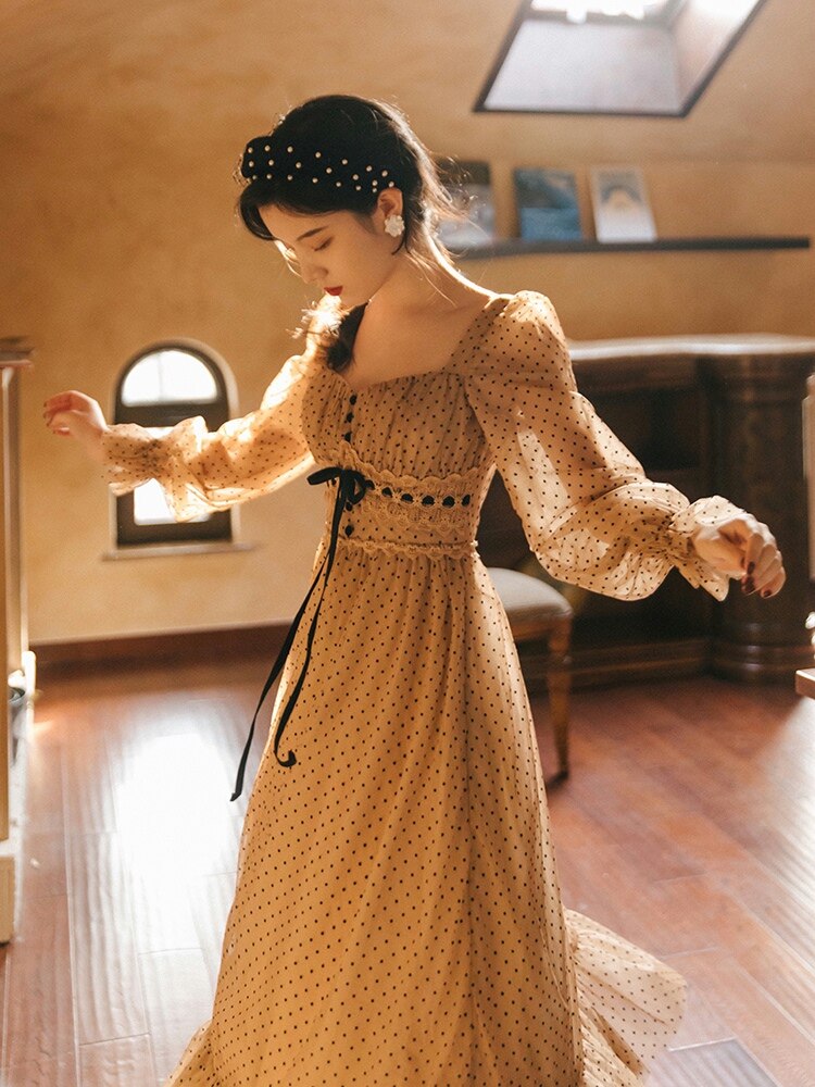 flowersverse Back to school Vintage Dot Mesh Fairy Dress Women Romantic Retro Khaki Flare Sleeve Bandage Princess Dresses For Elegant Lady Vestido Festa