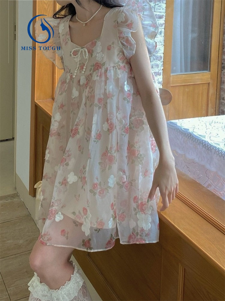 flowersverse Back to school outfit Design Sweet Fairy Floral Dress Women Sleeveless Kawaii Clothing Lolita Mini Dress Female Summer Beach Style Sundress Party