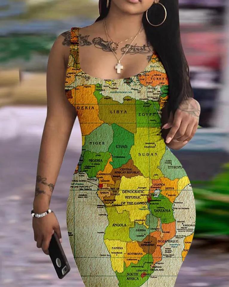 flowersverse Summer Dresses for Women Map Print Sleeveless U-Neck Bodycon Mini Daily Dress