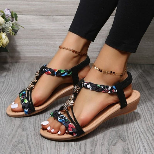 flowersverse Women Wedges Bohemian Sandals Summer Flower Non Slip Beach Sandalias Mujer Elastic Band Low Heels Roman Shoes Woman