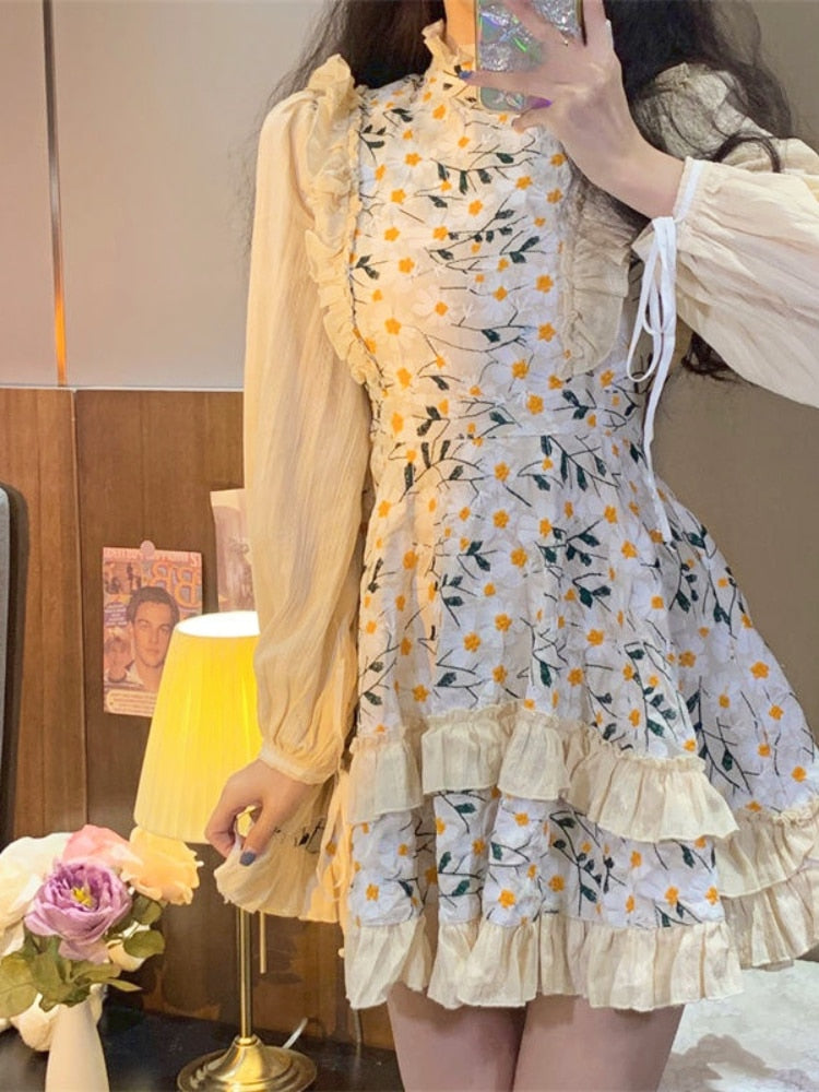 flowersverse Back to school outfit Lolita Floral Y2K Mini Dress Women Long Sleeve Sweet One Piece Dress Korean Style Casual Kawaii Short Party Dress Spring