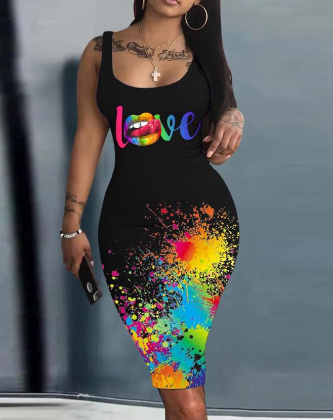 flowersverse Summer Dresses for Women Map Print Sleeveless U-Neck Bodycon Mini Daily Dress