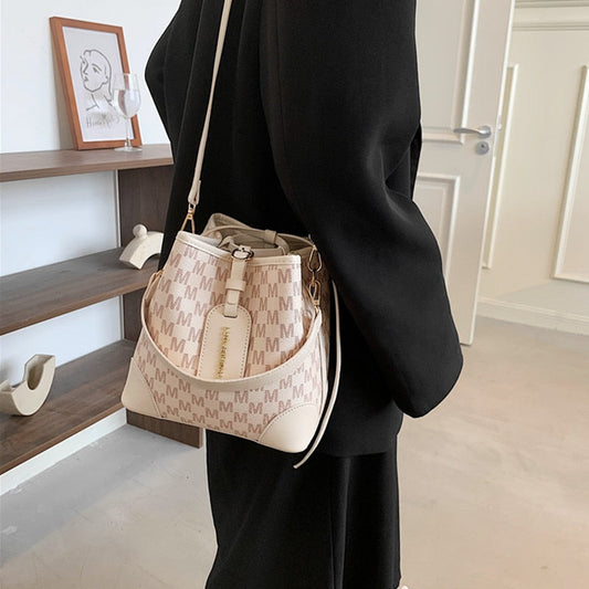 flowersverse Back to school Letters Drawstring Bucket Small Women Handbags Trend Fashion Designer Ladies Shoulder Crossbody Bags Pink Beige