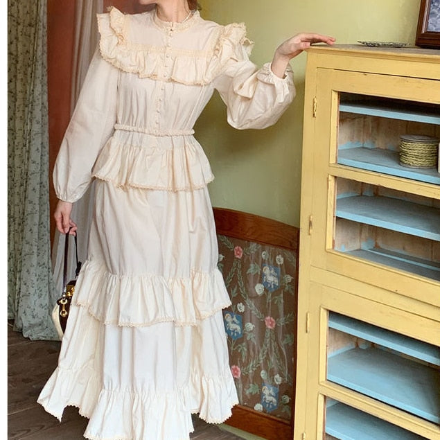 flowersverse Back to school outfit Sweet Dress Spring Autumn Female French Niche Palace Style Lotus Leaf Fold Design Sense Long Thin Cake Vestidos