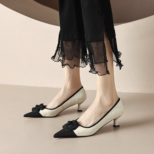 flowersverse new Spring women pumps natural leather 22-24.5cm sheepskin+cowhide+pigskin pointed toe flower high heel shoes fashion