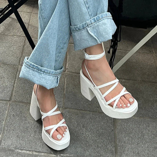 flowersverse-Brand Women High Heels Party Shoes Chunky Sandals New Summer Cross Tied Sexy Pumps Rome Ladies Shoes Slippers Mujer Zapatos