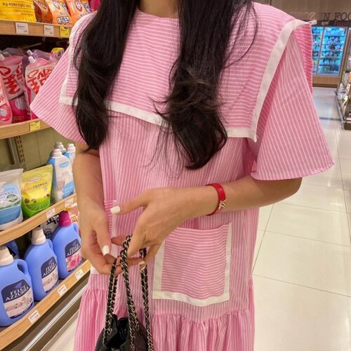 flowersverse Back to school outfit Long Dress Women Summer Korean Chic Sweet Navy Collar Contrast Color Stitching Short-Sleeved Double-Pocket Vestidos
