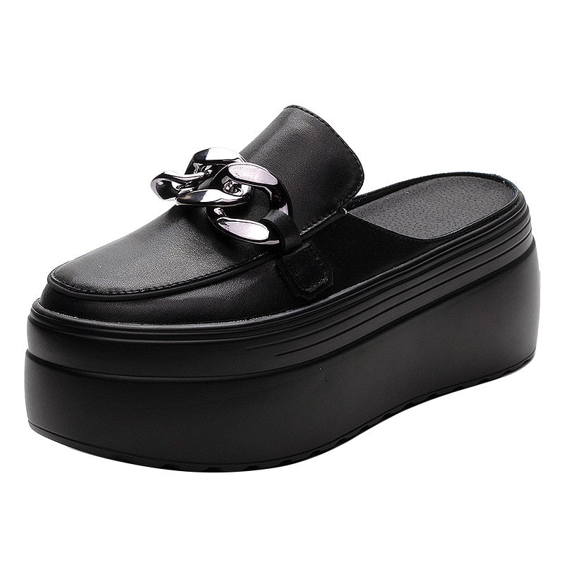 flowersverse 7Cm Genuine Leather Platform Shoes Wedge Slippers Chain Women Summer Shoes Genuine Leather Mules Sandals Slides For Women