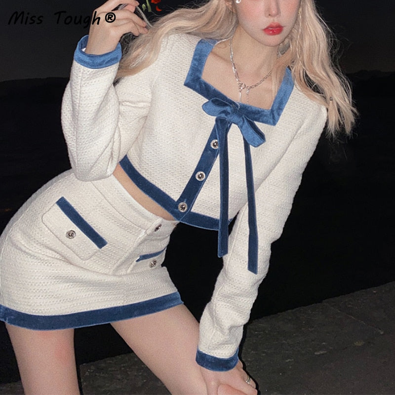 flowersverse Autumn Kawaii Two Piece Set Women Korean Fashion Patchwork Party Mini Skirt Suit Female Long Sleeve Bow Designer Skirt Set