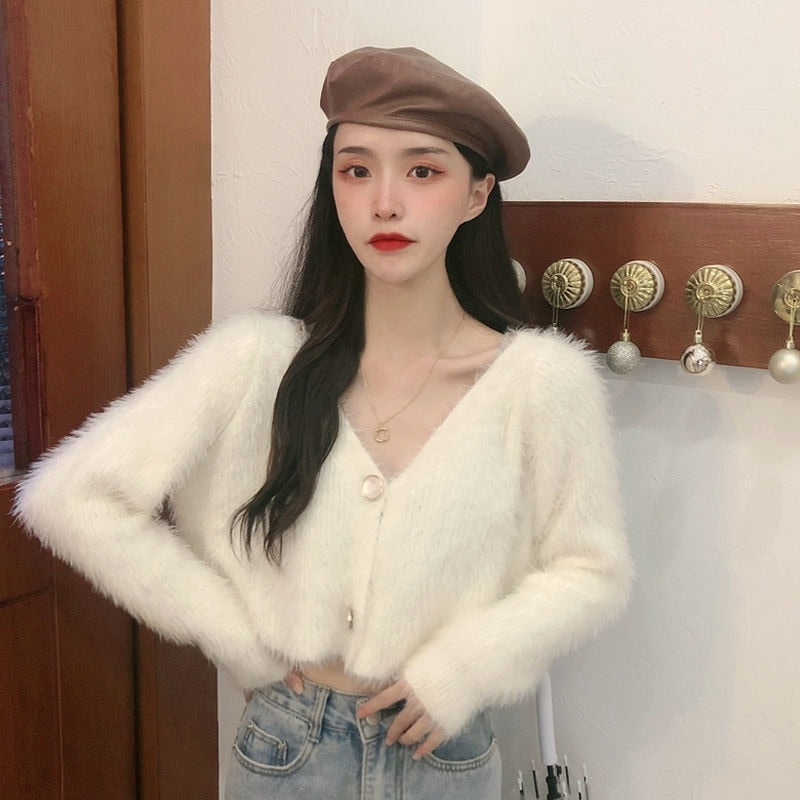 flowersverse Back to school outfit Woman Cardigan Ins Spring Autumn New Loose Solid Simple Single Breast Long Sleeves Versatile Female Short Knitting Top